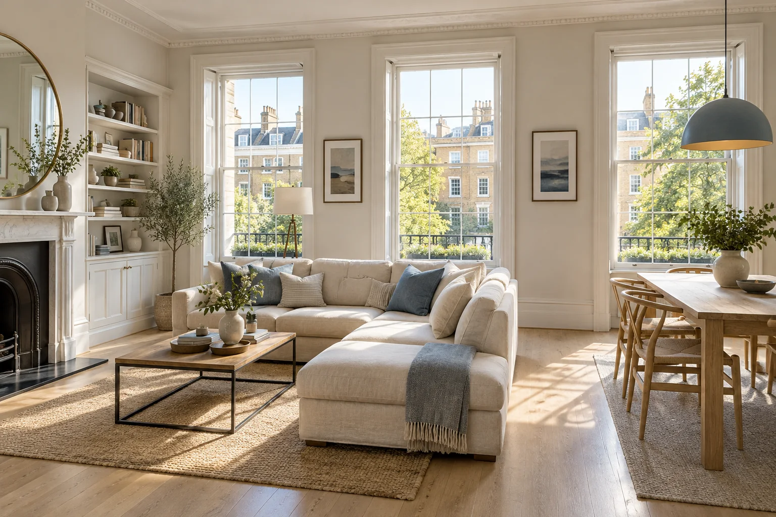 Illustrative sunlit living and dining space with natural materials and blue accents